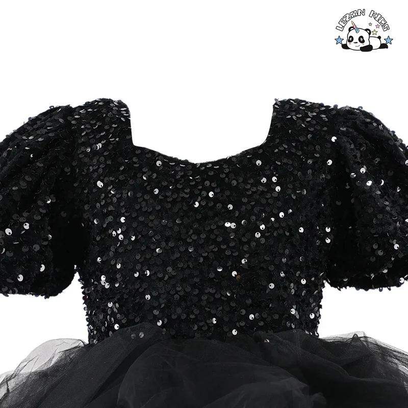 LEZONKIDS - High-end Kid Girls Dress Princess Mesh Trailing Dress Black Sequin Evening Dress for Piano Performance